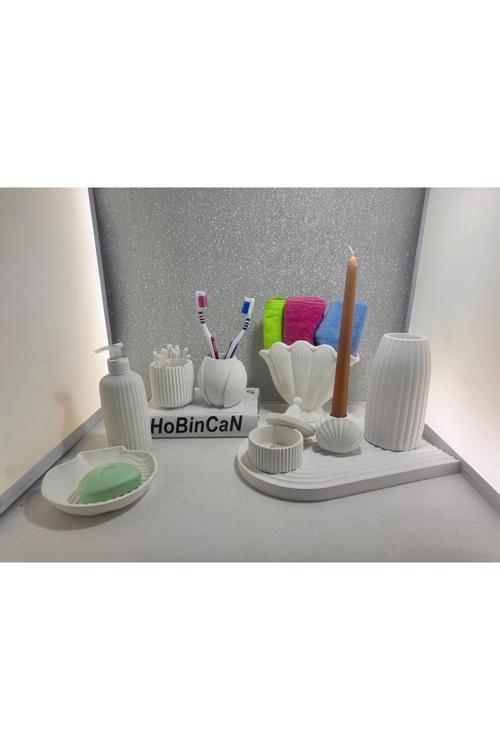 10 Parça Sade Beyaz Beton Banyo Seti Katı Ve Sıvı Sabunluk Diş Fırçalığı Havluluk Gökkuşağı Tepsi