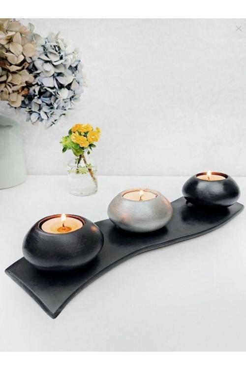 4 Parça Siyah Tabaklı Gümüş & Siyah - Gümüş Beton Mumluk
