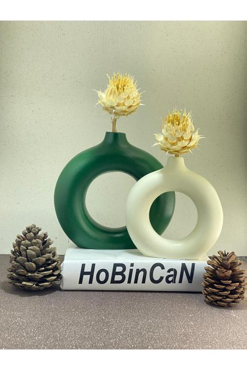 Bohem İkili Halka Vazo Yesil -Krem
