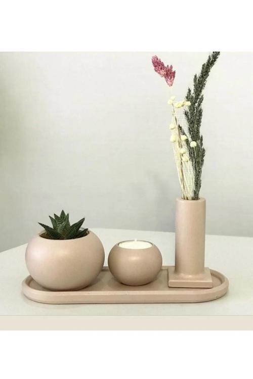 Beton Tepsili Saksı Mumluk Ve Şamdan Set