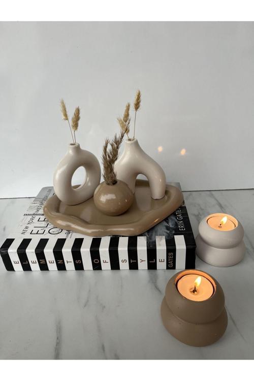 Sibel/Ela Tasarım Dekoratif Vazo Seti 2’Li Mumluk Set