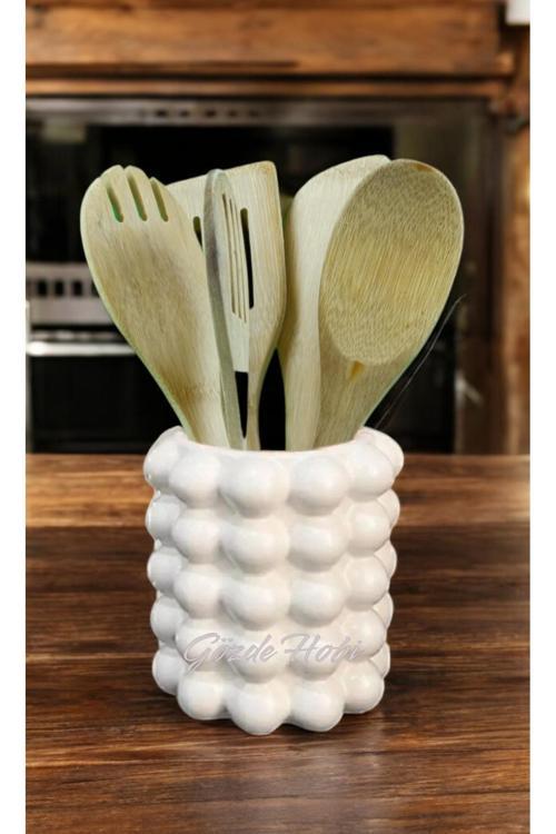 Gözdehobi Tezgah Üstü Dik Tahta Kaşıklık Kepçelik Mutfak Organizeri Dekoratif Beyaz Parlak Vazo