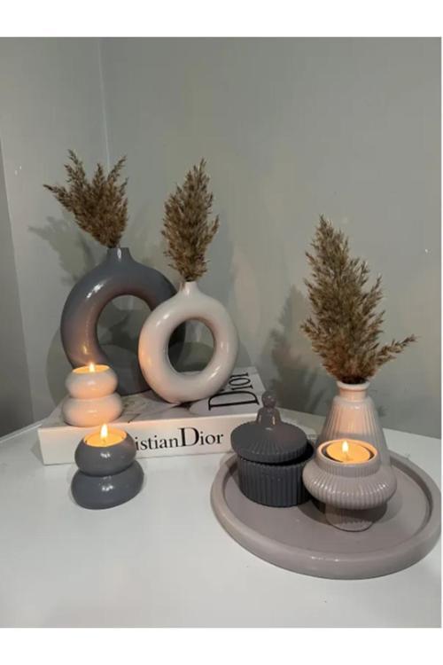 Hobincan Tasarım Dekoratif 2’Li Halka Vazo 2’Li Mumluk, Tepsili Set