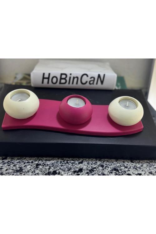 4 Parça  Tabaklı Fuşya & Krem Beton Mumluk