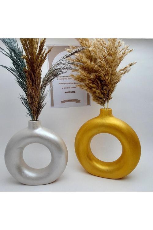 Hediyeli-Seramik Vazo Halka Bohem Vazo Inci Gold 2'Li Set