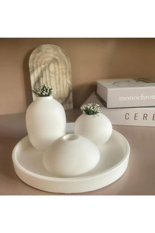 3'Lü Minimal Vazo Set Tepsi Dahil Dekoratif Biblo 3'Lü Biblo Tepsili