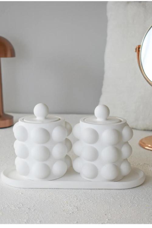 Stantlı Beton Pamukluk Ve Kulak Pamuğu Kutuları Beton 3Lü Set Kapaklı