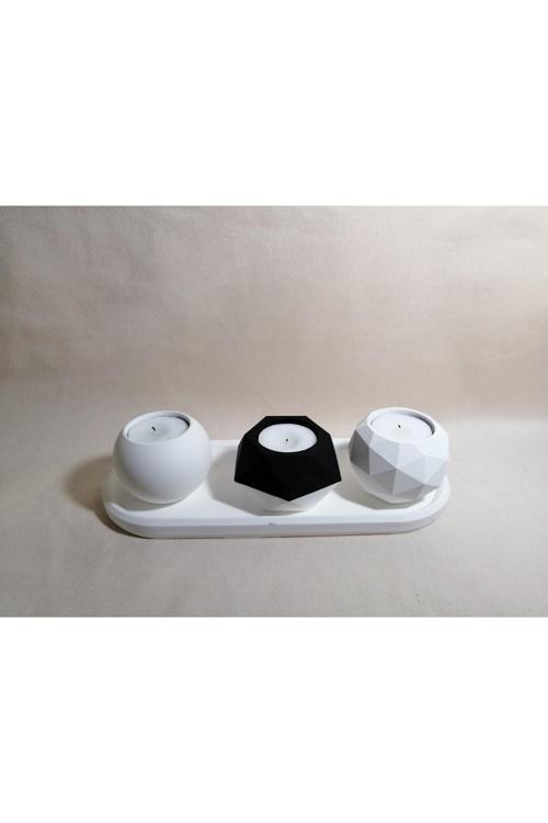 Beton Tepsi/ Üçlü Tealight Mumluk(Şamdan) Set