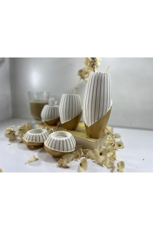 Gold Beyaz Vazo Şamdan Çizgili Mumluk 5Li Set