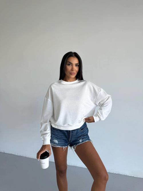 2 iplik bisiklet yaka sweat beyaz f2339