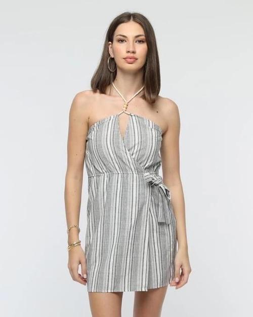 Kuşaklı çizgili mini keten elbise