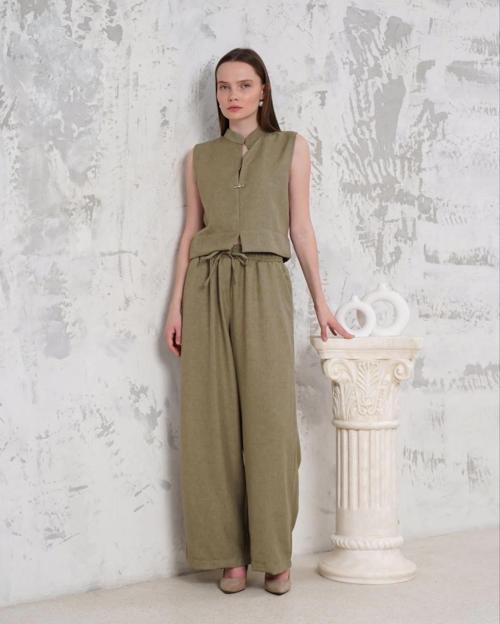 Broşlu yelek pantolon takım haki s255821