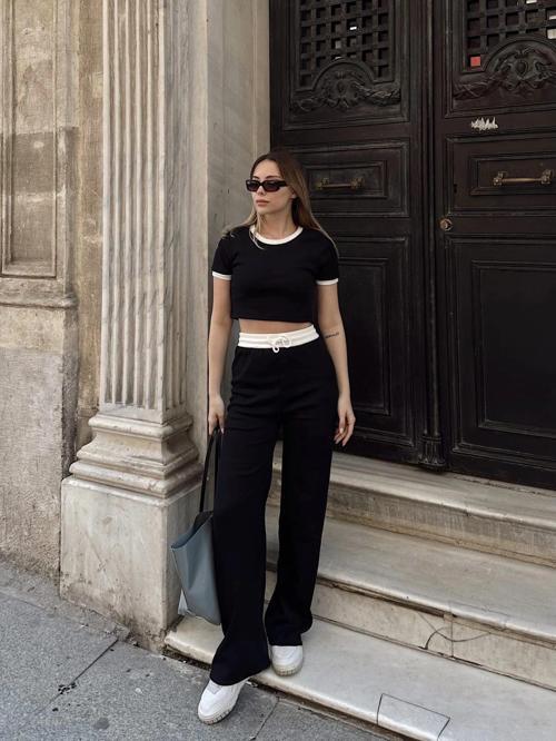 Crop pantolon biyeli takım siyah