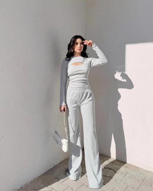 Pencereli detaylı alt üst takım gri w3864