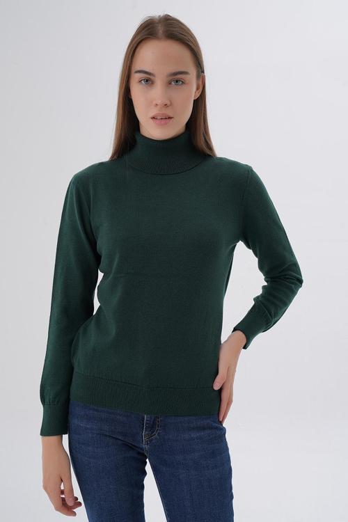 Kadın Zümrüt %100 Organik Pamuk Balıkçı Yaka Triko Kazak Örme Bluz TRIST-6103