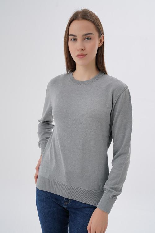 Kadın Orta Gri %100 Organik Pamuk Bisiklet Yaka Triko Kazak Bluz Trıst-6101