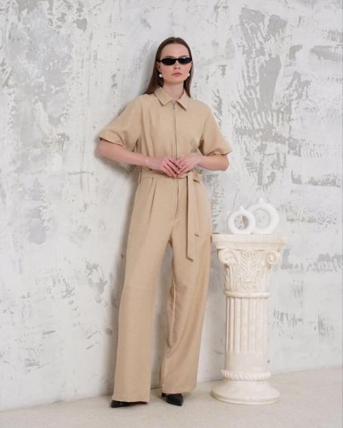 Kuşaklı gömlek yaka salaş tulum bej s255822