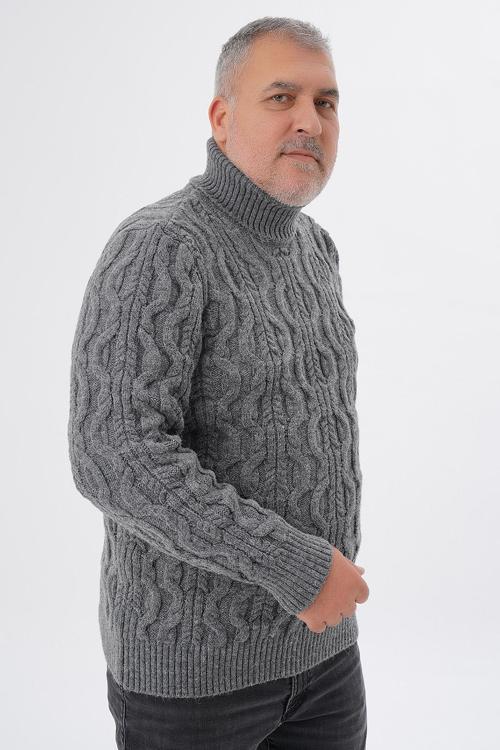 BÜYÜK BEDEN ERKEK KOYU GRI BALIKÇI SAÇ ÖRGÜLÜ YÜN KAZAK TRIST-2119