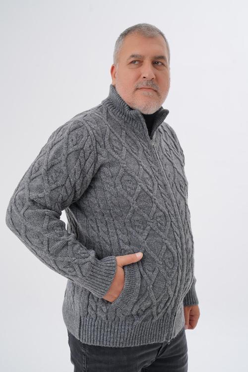 Büyük Beden Erkek Koyu Gri Cepli Fermuarlı Yürütme Saç Örgülü Yün Hırka TRIST-2120