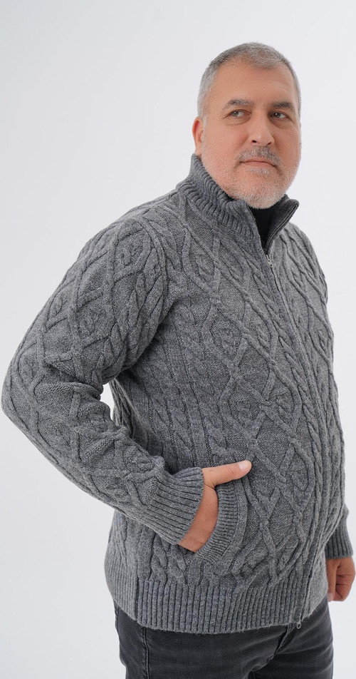 Büyük Beden Erkek Koyu Gri Cepli Fermuarlı Yürütme Saç Örgülü Yün Hırka TRIST-2120