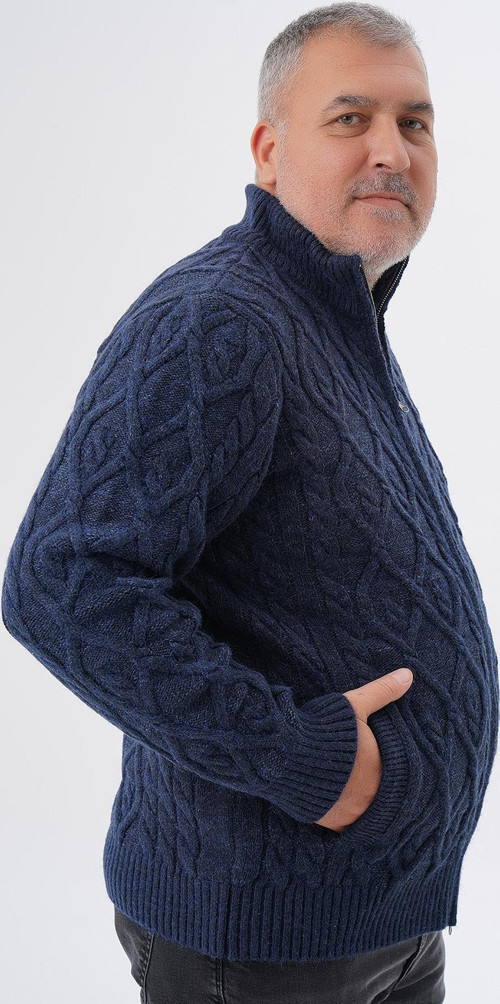 Büyük Beden Erkek Lacivert Cepli Fermuarlı Yürütme Saç Örgülü Yün Hırka TRIST-2120