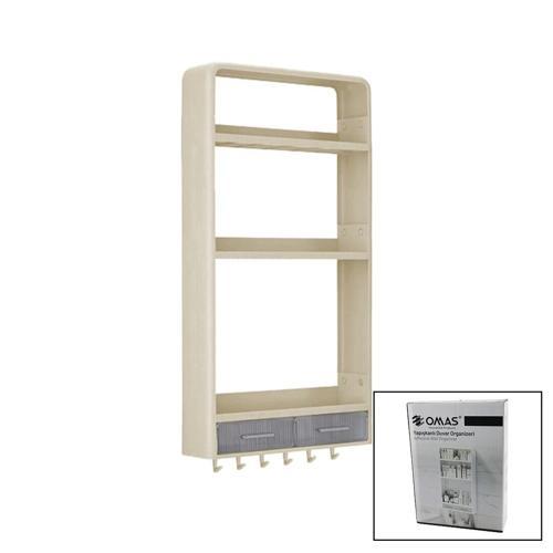 BEJ YAPIŞKANLI DUVAR ORGANİZERİ PLASTİK 3 RAF=14CM-19CM-30CM - 2 ÇEKMECE=40CM - 6 ASKI 19 PCARÇA (53