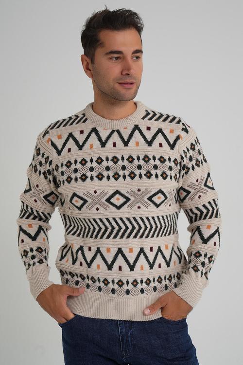 ERKEK BEJ JAKARLI DESENLİ BİSİKLET YAKA YILBAŞI YÜN KAZAK TRIST-5348