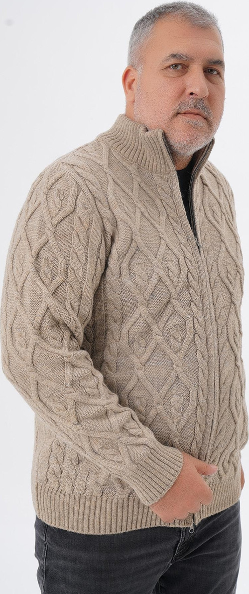 Büyük Beden Erkek Vizon Cepli Fermuarlı Yürütme Saç Örgülü Yün Hırka TRIST-2120