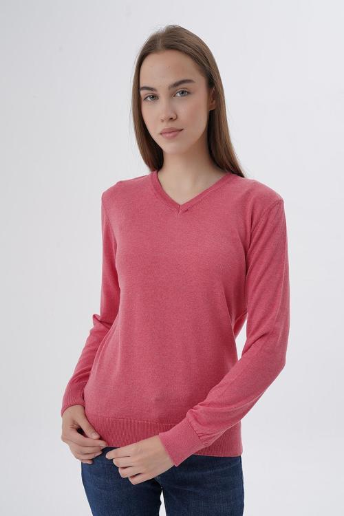 Kadın Koyu Pembe %100 Organik Pamuk V Yaka Triko Kazak Bluz Trıst-6102