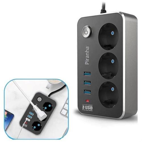 Isıya Dayanıklı Termal Akım Korumalı 2 Mt 10A 2500W 3lü Priz ve 3 Usbi 2.1A Uzatma Kablosu (5365)