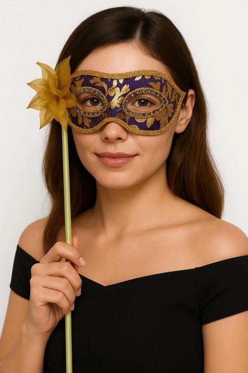Lüks Taşlı Saplı Maskeli Balo Maskesi Mor Renk 35 cm (5365)