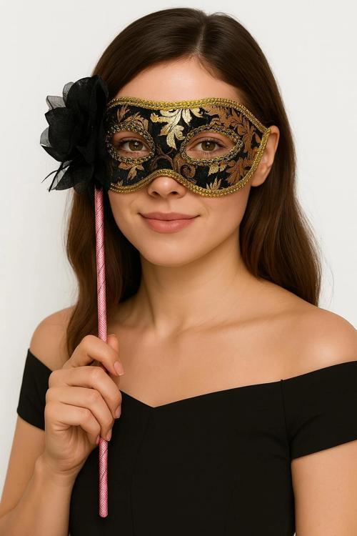 Lüks Taşlı Saplı Maskeli Balo Maskesi Siyah Renk 35 cm (5365)