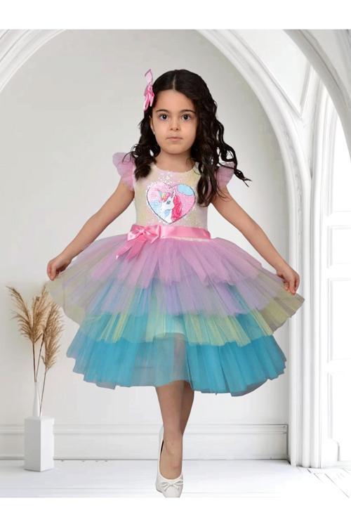 Tokalı Kız Çocuk Elsa Elbise A Kalite Parti Mezuniyet Doğum Günü Kostüm Düğün Abiye