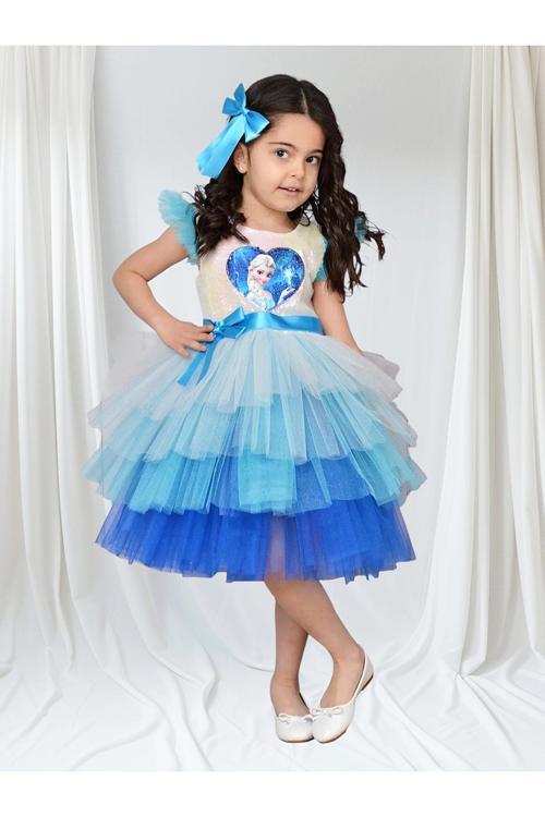 Tokalı Kız Çocuk Elsa Elbise A Kalite Parti Mezuniyet Doğum Günü Kostüm Düğün Abiye