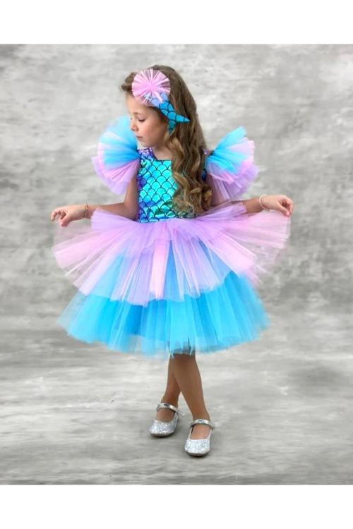 Tokalı Kız Çocuk A Kalitede Deniz Kızı Konsept Elbise Parti Mezuniyet Doğum Günü Kostüm Düğün Abiye