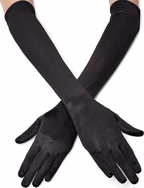 Siyah Renk Dirseğe Kadar Uzun Kumaş Eldiven (5365)