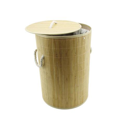 YUVARLAK BAMBU AHŞAP KİRLİ ÇAMAŞIR SEPETİ 35X60CM SEYYAR KAPAKLI İÇİ BEZLİ İP KULPLU (5365)
