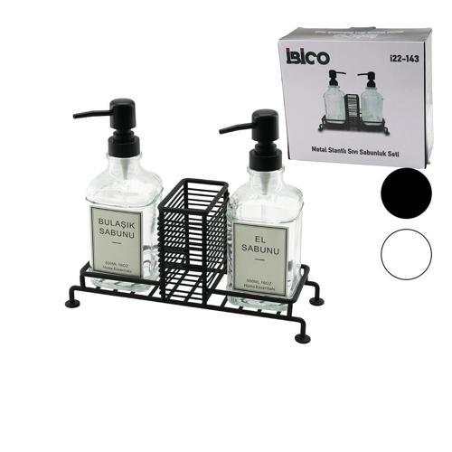 3 PCS METAL STANDLI - CAM SIVI SABUNLUK SETİ SÜNGERLİK (5365)