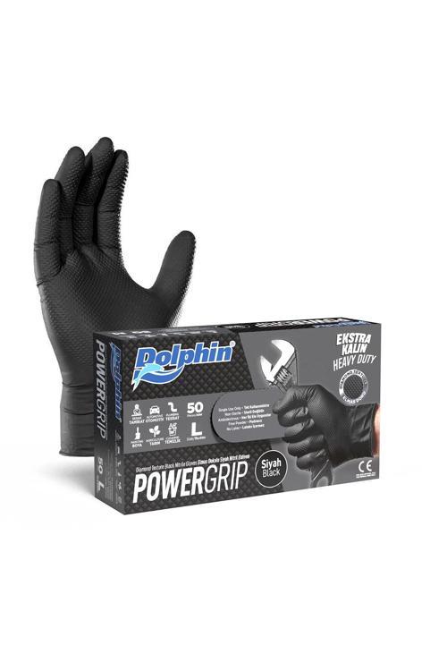 PowerGrip Ekstra Kalın Siyah Nitril Eldiven Elmas Dokulu L 50 Adet