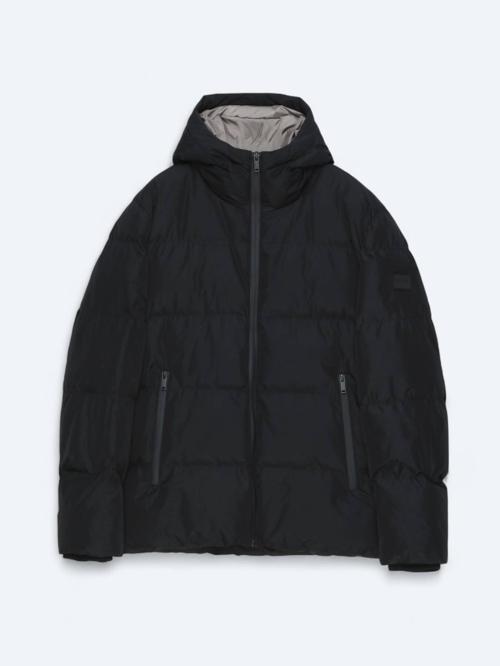 Siyah Kapüşonlu Casual Dokuma Kaban