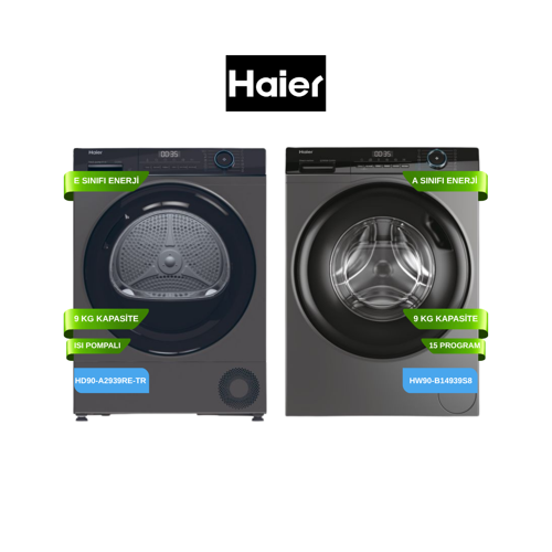 HAIER (HW90-B14939S8-S ÇAMAŞIR MAKİNESİ-HD90-A2939RE-TR KURUTMA MAKİNESİ)2'Lİ SET