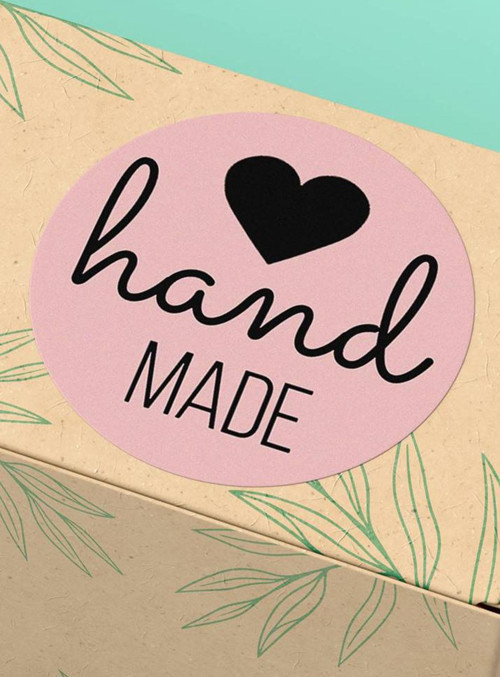 Pembe Hand Made Yazılı Kalpli Paketleme Ambalaj Kargo Etiketi - 3X3Cm 90 Adet - St2172