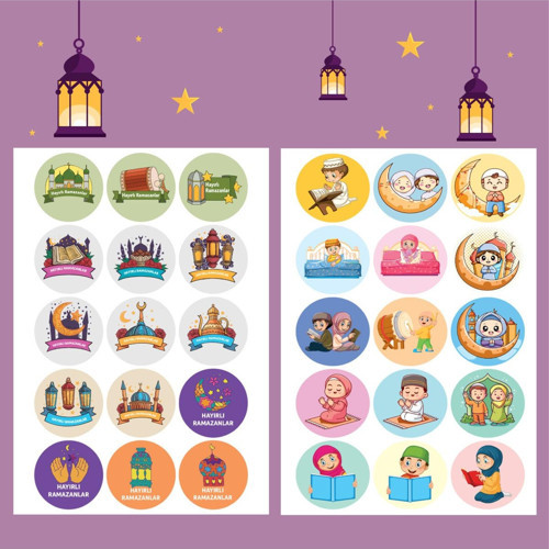 60 Adet I?Slami Ramazan Ayı Temalı Çocuklar Için Eğitici Öğretici Sticker Etiket Paketleme Seti