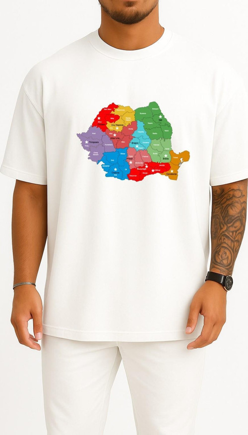 Oversize Romanya Şehirler Ve Harita Göğüs Tasarımlı Unisex T-Shirt