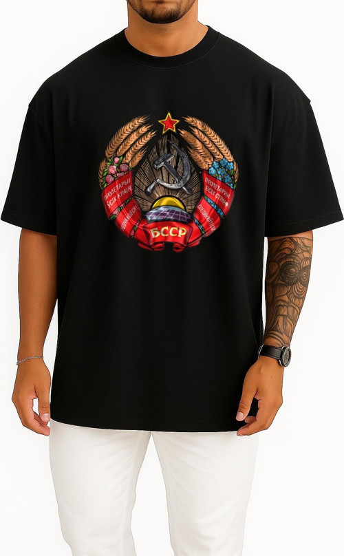 Oversize Byelorussian Soviet Socialist Republic Flag Göğüs Tasarımlı Unisex T-Shirt