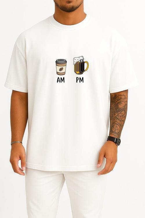 Oversize Sabah Kahve Akşam Beer Göğüs ve Sırt Tasarımlı Unisex T-Shirt