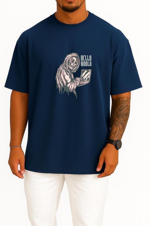 Oversize Bilgisayar Programcısı Hello World Göğüs Tasarımlı Unisex T-Shirt