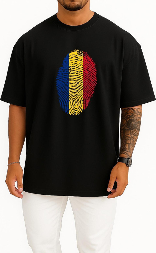 Oversize Romania, Flag, Fingerprint Göğüs Tasarımlı Unisex T-Shirt