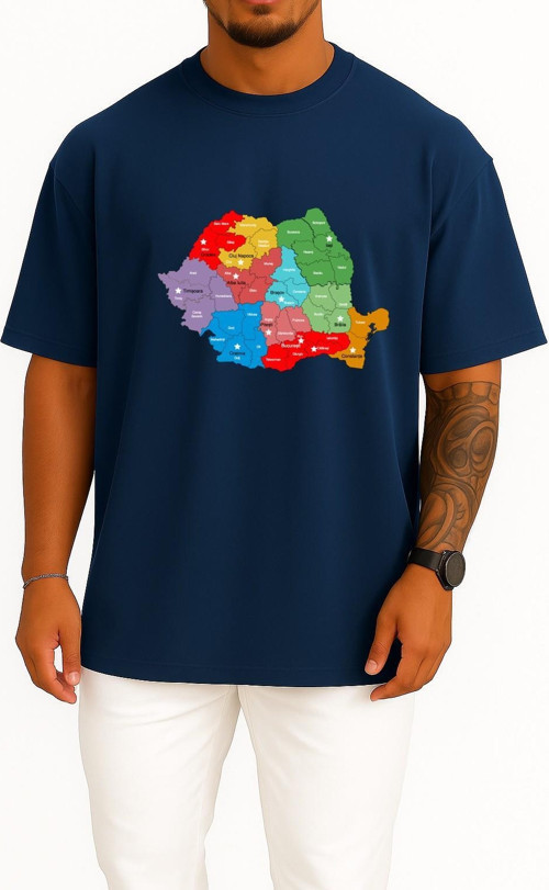Oversize Romanya Şehirler Ve Harita Göğüs Tasarımlı Unisex T-Shirt