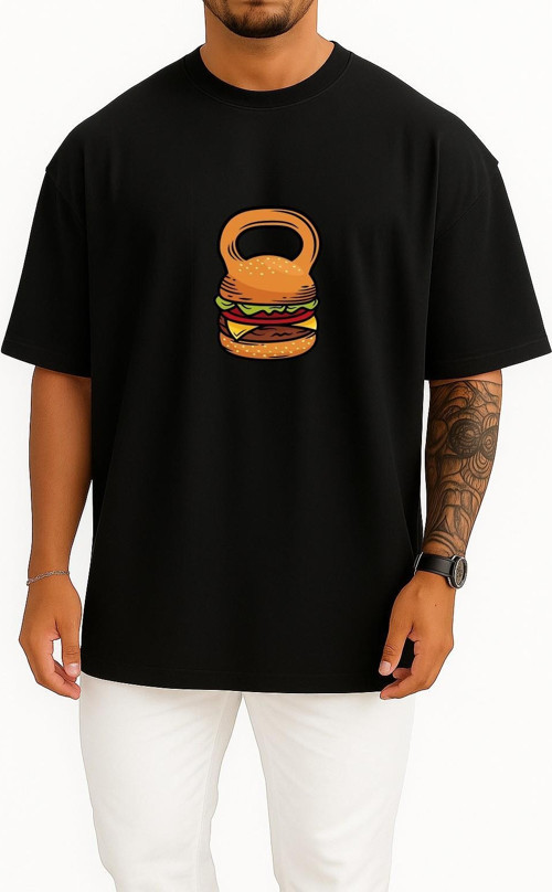 Oversize Hamburger Kettlebel Fitness Gym Göğüs Tasarımlı Unisex T-Shirt